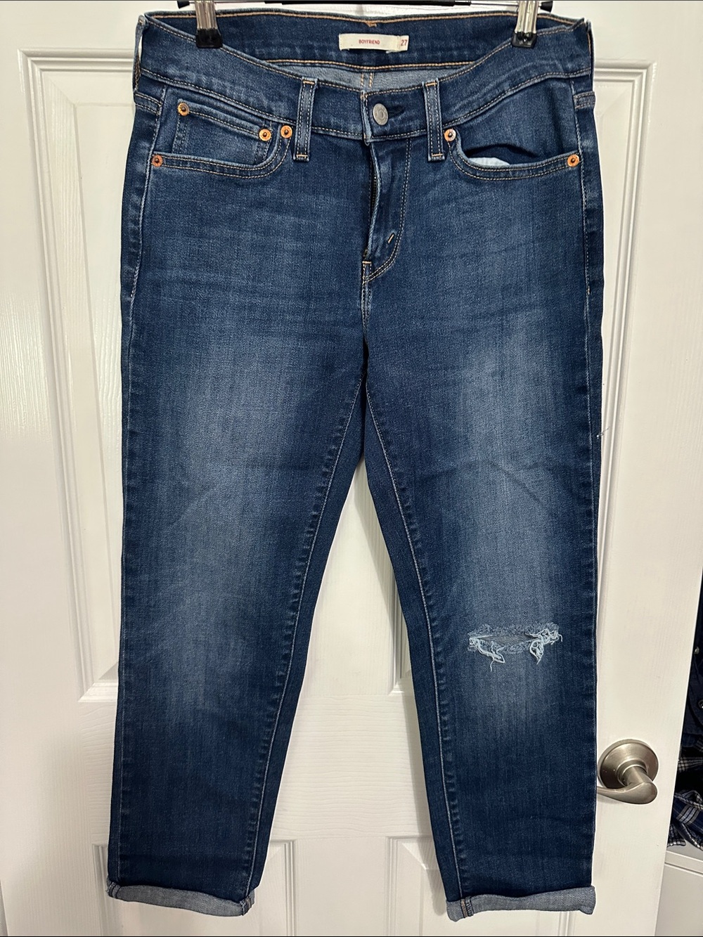 Levi's Dark Blue Cropped Slim Jeans with Knee Distress